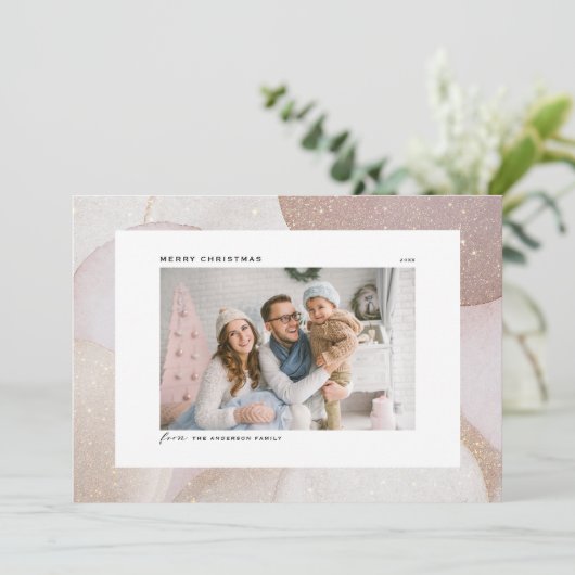 Mauveトーンとグリッターアクセント写真クリスマス シーズンカード (スタンド正面)