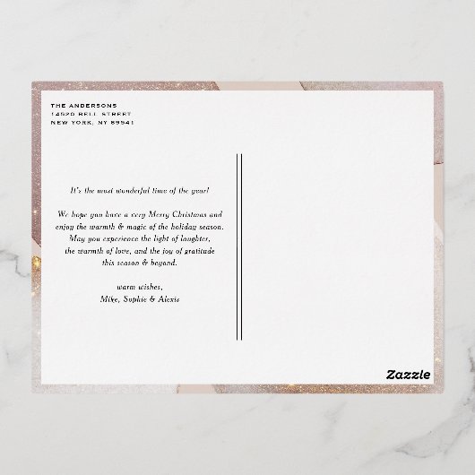 Mauveトーンとグリッターアクセント写真クリスマス 箔シーズンポストカード (裏面)