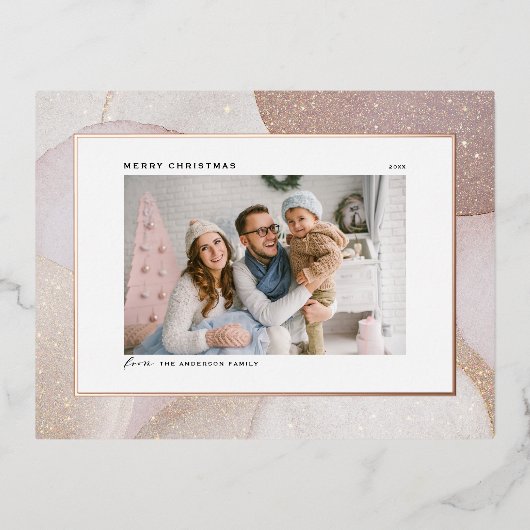 Mauveトーンとグリッターアクセント写真クリスマス 箔シーズンポストカード (正面)