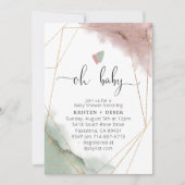 Mauveバラとセージ緑の水の色ベビーシャワー 招待状 (正面)