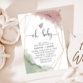 Mauveバラとセージ緑の水の色ベビーシャワー 招待状