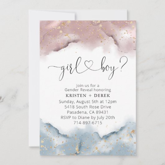 Mauveバラと埃の多い青い水の色ジェンダーの明け 招待状 (正面)