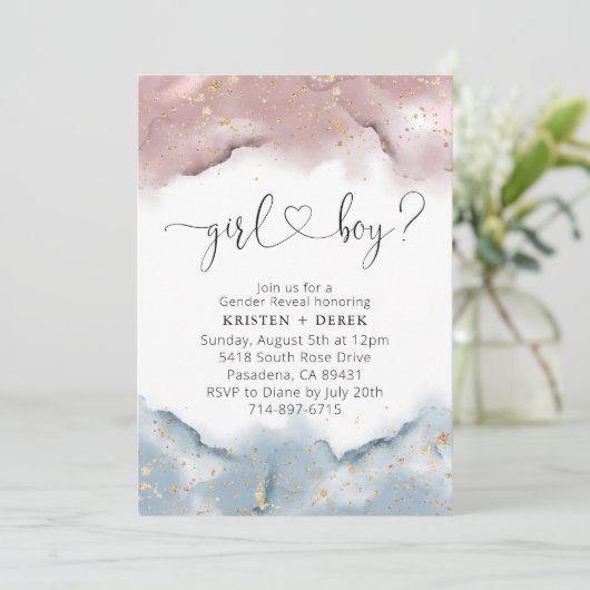 Mauveバラと埃の多い青い水の色ジェンダーの明け 招待状 (スタンド正面)