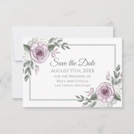 Mauveバラエレガントフローラ結婚式の日付を保存 出欠カード (正面)