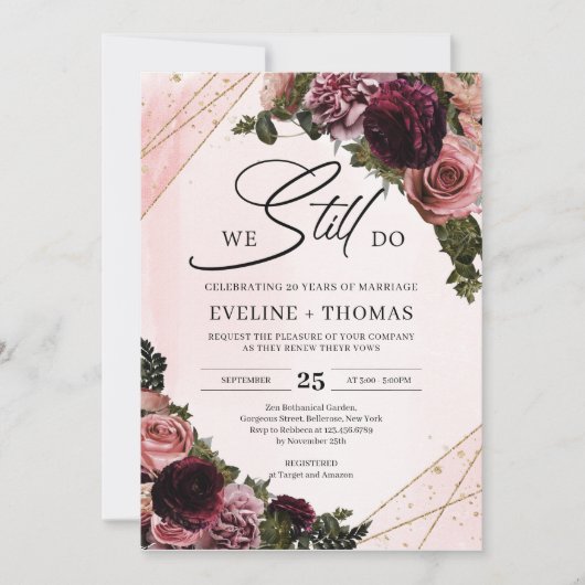 Mauveバラ花赤面ブルゴーニュ私たちはまだ行う 招待状 (正面)