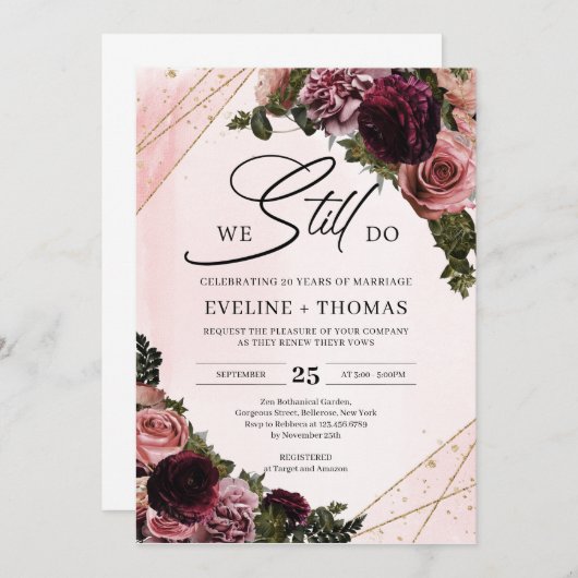 Mauveバラ花赤面ブルゴーニュ私たちはまだ行う 招待状 (正面/裏面)