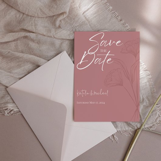 Mauveフローララインアートウェディング日付を保存 セーブザデート