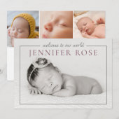 Mauveモダン Baby Girl Photo Collage誕生 案内状 (正面/裏面)