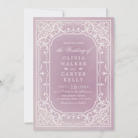 Mauveロマンチックエレガント華美ヴィンテージの結婚式 招待状 (正面)