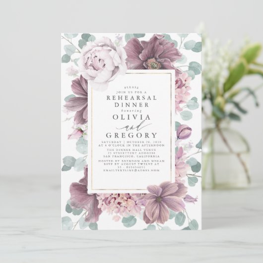 Mauve花と緑のリハーサルモダンディナー 招待状 (スタンド正面)