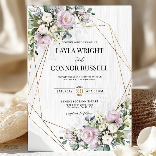 Mauve薄紫フローラジオメトモダンリ結婚の 招待状