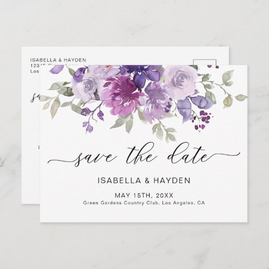 Mauve薄紫紫フローラ水の色日付を保存 案内ポストカード (正面/裏面)