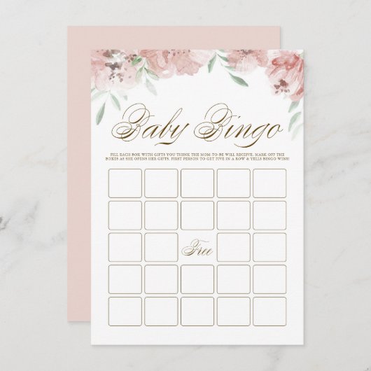Mauve赤面ピンクの花ベビーシャワービンゴカード エンクロージャーカード (正面/裏面)