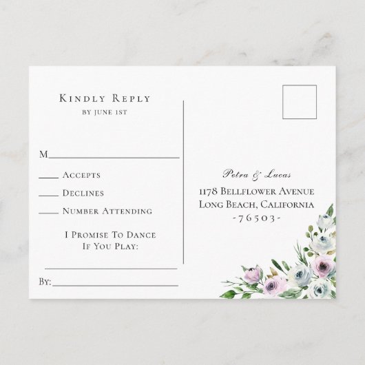 Mauve かわいらしフローラウェディングRSVP曲リクエスト インビテーションポストカード (裏面)