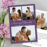Mauve エレガント Script感謝してい写真コラージュ結婚ズ サンキューカード<br><div class="desc">ミニマエレガントリストの手エレガントでレタ結婚ーの3枚のフォトコラージュサンキューカードをメイヴパープル色で。結婚のスタイリッシュサンキューカードテンプレートは、前面に3枚、背面に1枚の写真を搭載。文字「愛と」は感謝してい、白い色の手書き書やタイポグラフィの台本に白い色の紫の背景に書いた。簡単名前をカスタムするとメッセージでパーソナライズす感謝しているために。ノートもしを手書きしたい場合は、サンプル文字を削除して宇宙を増やす。要もし連絡件救済又は一致する事項はクリエーターへ！</div>