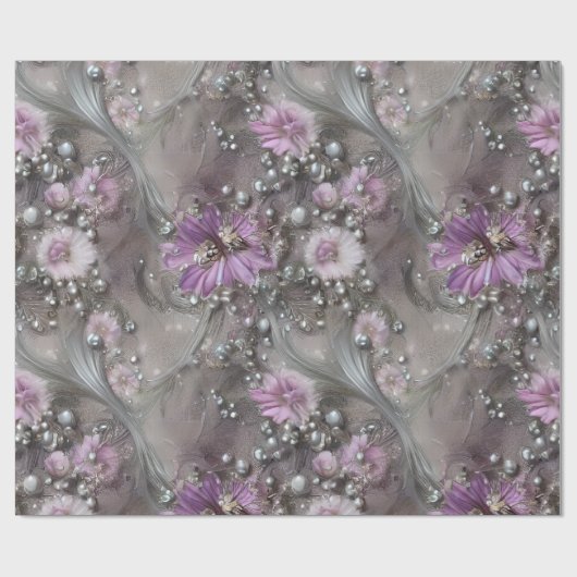 Mauve、エレガントGrey、およびアイボリーフローラとビーズ ラッピングペーパー (フラット)