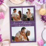 Mauve 感謝してい 3 Photo Collage結婚's Thank You ポストカード<br><div class="desc">バジェットスタイリッシュミニマルエレガントリストMauve紫色の色の手のレタリングスクリプト3写真コラージュ結婚の感謝のポストカード。シンプルサンキューカードスタイリッシュテンプレート前面に3枚、背面に1枚文字「愛と」を手書書やタイポグラフィの台本のフォントに感謝していし渦巻形の、白いスワッシュを持つ白いメイブや埃の多い梅の紫の色の背景。小さな愛のハートの名前の間のアクセント。メッセージと名前をカスタムするを感謝していパーソナライズするノートもしを手書きしたい場合は、サンプル文字を削除して宇宙を増やす。もしデザイ救済ンにお問い合わせ品連絡が必要だ！</div>