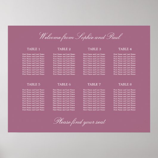 Mauve 8 Table Wedding Seating Chart Poster ポスター (正面)