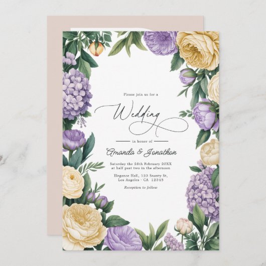 Mauve and Buttercream Watercolor Floral Wedding 招待状 (正面/裏面)