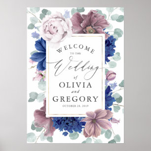 Mauve and Navy Blueフローラリース結婚ズ・ウェルカム ポスター