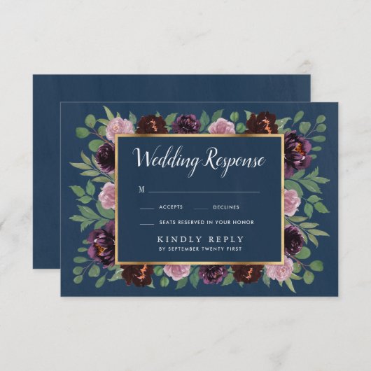Mauve and Navy Blue金ゴールドプラム結婚式RSVPカード 出欠カード (正面/裏面)