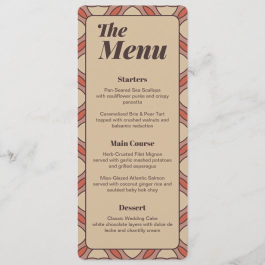 Mauve and Terracotta Art Deco Wedding Menu Card メニュー (正面)