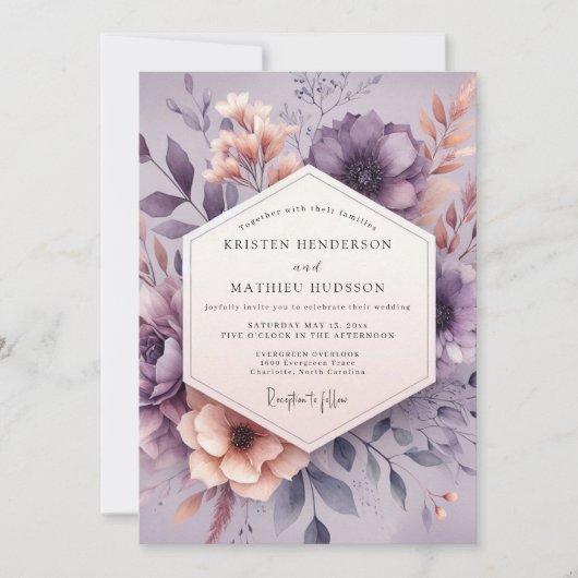 Mauve Aquarelle Bloom Wedding 招待状 (正面)