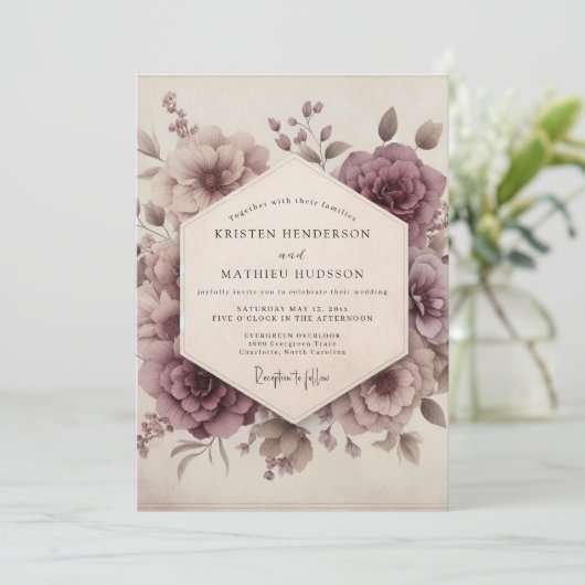 Mauve Bloom Romantic Vintage Wedding 招待状 (スタンド正面)