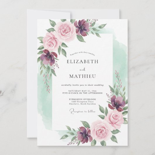 Mauve Blossom Romantic Flourish Wedding 招待状 (正面)