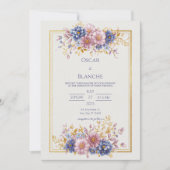 Mauve Blue Botanical Gold Frame Wedding 招待状 (正面)