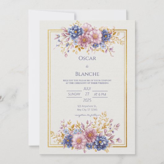 Mauve Blue Botanical Gold Frame Wedding 招待状 (正面)