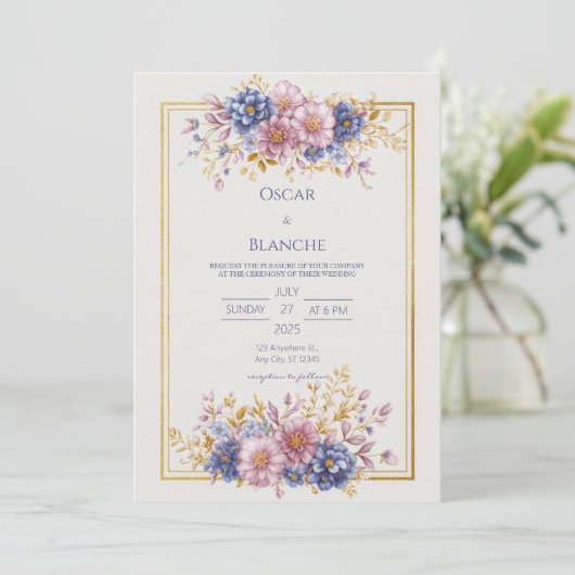 Mauve Blue Botanical Gold Frame Wedding 招待状 (スタンド正面)