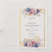 Mauve Blue Botanical Gold Frame Wedding 招待状 (正面/裏面)