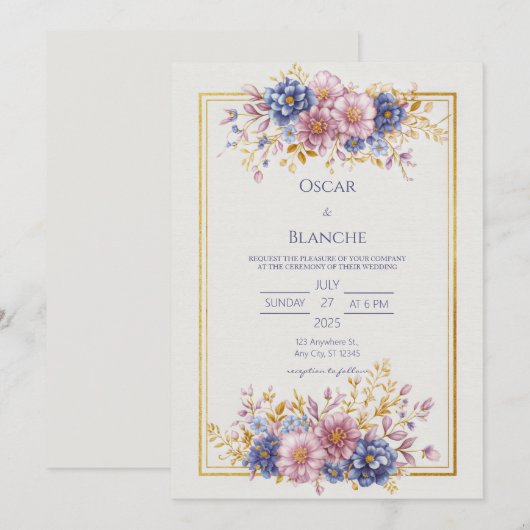 Mauve Blue Botanical Gold Frame Wedding 招待状 (正面/裏面)