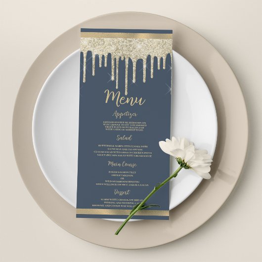 Mauve blue gold glitter drips luxury Wedding Menu プログラム