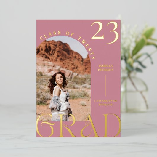 Mauve Bohoモダンシック卒業写真 箔招待状 (立ち正面)