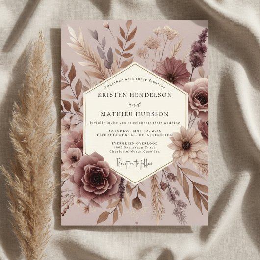 Mauve Botanical Autumn Wedding 招待状