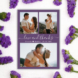 Mauve Budget Photo Collageの結婚サンキューカード<br><div class="desc">予算モダン「愛と感謝していエレガント」スクリ結婚プトMauveの3つの写真コラージュありがとうお安い予算シンカード。このカードをカードストックに印刷するようにアップグレードできる。前面に3枚の写真、背面に1枚の写真を掲載。文字「愛と」を手書感謝していやタイポグラフィの台本のフォントで渦巻形の、白い色のスワッシュを持つ白い紫の背景または埃っぽい梅の紫。名前とメッセージ感謝していを追加する。小さな愛のハートが名前の間に形成される。注意：あなたのテキストのすべての情報、写真とスペルをチェックしてください。あなたが見るものを正確に受け取るので、印刷する前に何もチェックしない！ライブ頼デザインサービスを救済お願い。</div>