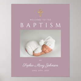 Mauve Cross Photo Girl Baptism Welcome ポスター