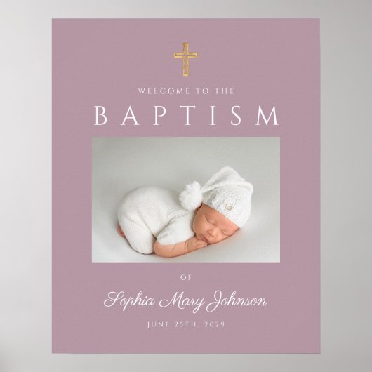 Mauve Cross Photo Girl Baptism Welcome ポスター (正面)