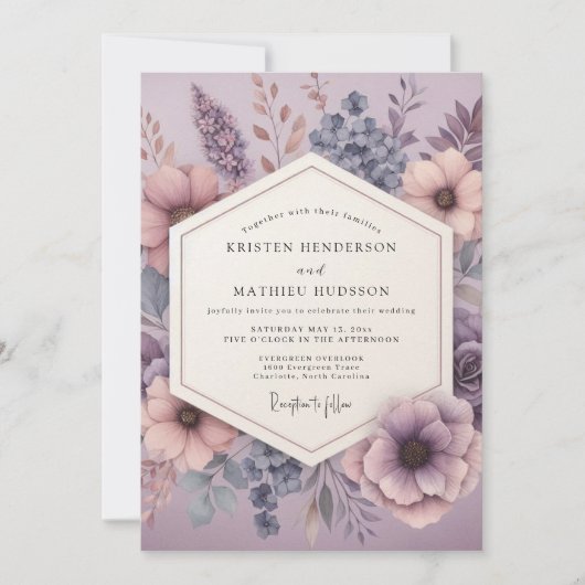Mauve Dreamy Floral Wedding 招待状 (正面)