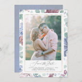 Mauve Dusty Blueフローラ日付の写真カードを保存 招待状 (正面/裏面)