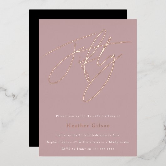 Mauve Dusty Pink 50th Birthday Partyバラ金ゴールド 箔招待状 (正面/裏面)