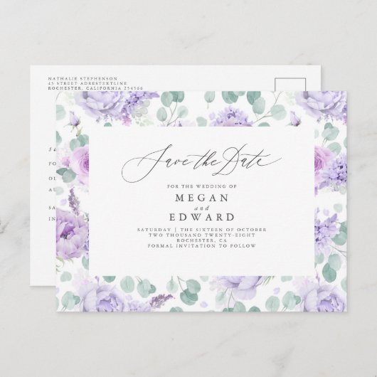 Mauve Dusty Purpleフローラ日付の保存 案内ポストカード (正面/裏面)