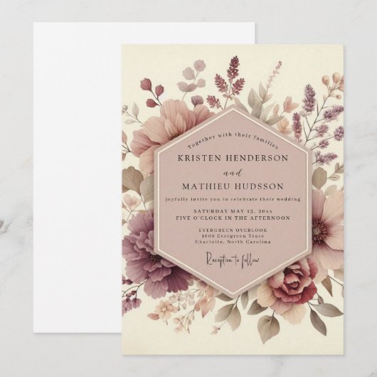 Mauve Ethereal Bloom Wedding 招待状 (正面/裏面)