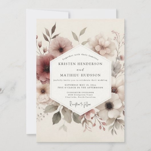 Mauve Ethereal Bloom Wedding 招待状 (正面)