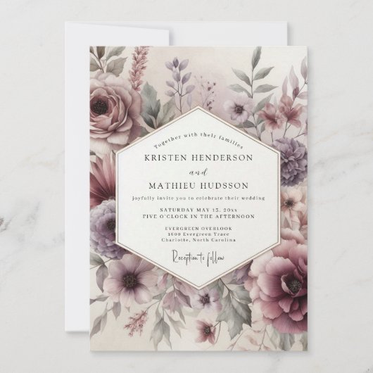Mauve Ethereal Floral Wedding 招待状 (正面)