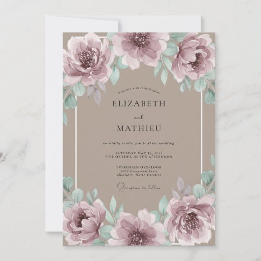 Mauve Floral Artistry Wedding 招待状 (正面)