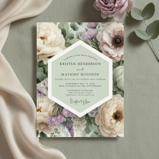 Mauve Floral Botanical Romance Wedding 招待状