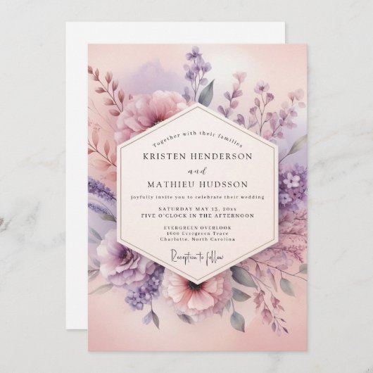 Mauve Floral Dream Wedding 招待状 (正面/裏面)